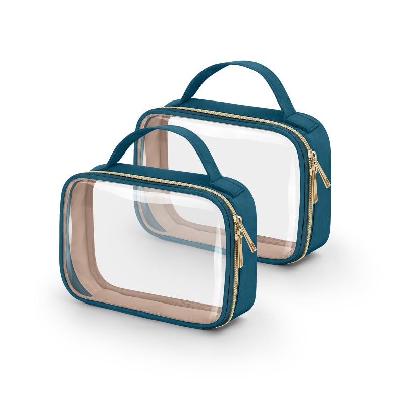 Wedama TSA Approved Toiletry Bag, 2 Pack Clear Makeup Bags with Handles, Quart Size Clear Toiletry Bags, PVC Cosmetic Bag for Women and Men, Carry on Airport Airline Compliant Bag, Til Blue - Image 1